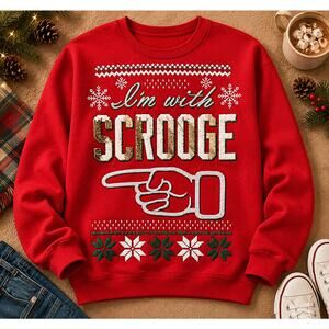 Hanes Men’s Ugly Christmas I’m With Scrooge Sweatshirt Red Pullover Sweater SZ L